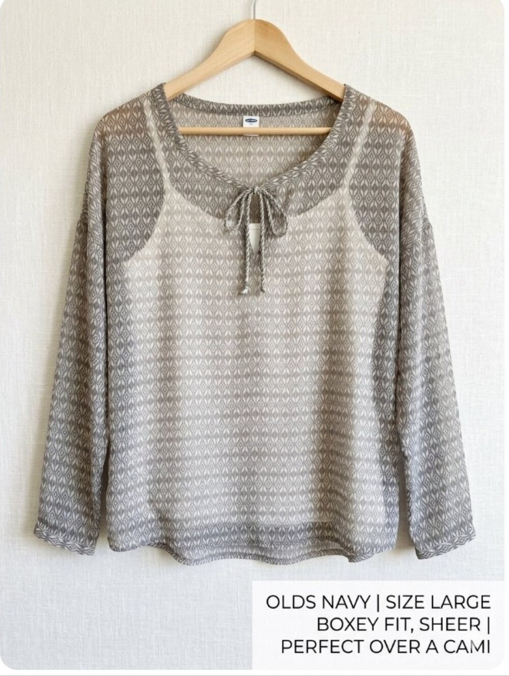 Old Navy Taupe Patterned Long-Sleeve Tie-Neck Top Large Boho Casual